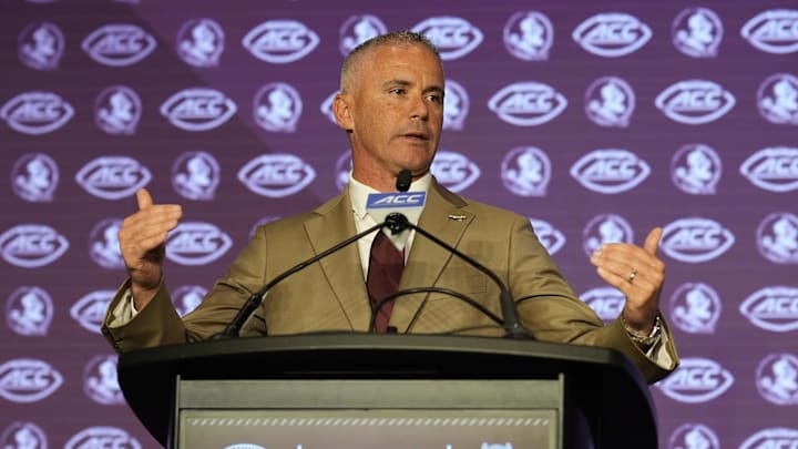 Jul 22, 2024; Charlotte, NC, USA; Florida State head coach Mike Norvell speaks to the media during ACC Kickoff at Hilton Charlotte Uptown. Mandatory Credit: Jim Dedmon-Imagn Images
