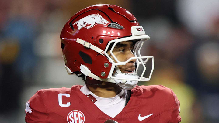 Arkansas Razorbacks quarterback Taylen Green (10) drops back to pass during the fourth quarter against the Missouri Tigers 