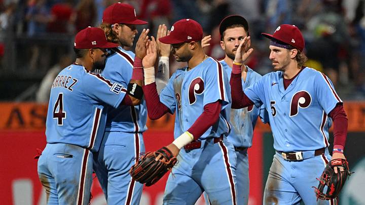 Aug 6, 2026; Philadelphia, Pennsylvania, USA; Philadelphia Phillies second baseman Luis Arraez (4), third baseman Alec Bohm (28), center fielder Justin Crawford (2), shortstop Trea Turner (7) and second baseman Bryson Stott (5) celebrate win against the Washington Nationals at Citizens Bank Park. Mandatory Credit: Eric Hartline-Imagn Images Aug 6, 2026; Philadelphia, Pennsylvania, USA; Philadelphia Phillies second baseman Luis Arraez (4), third baseman Alec Bohm (28), center fielder Justin Crawford (2), shortstop Trea Turner (7) and second baseman Bryson Stott (5) celebrate win against the Washington Nationals at Citizens Bank Park. Mandatory Credit: Eric Hartline-Imagn Images