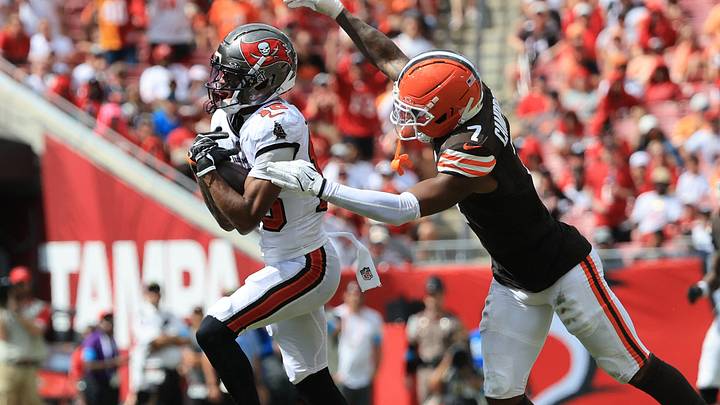 Sep 20, 2026; Tampa, Florida, USA; Cleveland Browns cornerback Tyson Campbell (7) tackles Tampa Bay Buccaneers wide receiver Tez Johnson (15) during the second half at Raymond James Stadium. Mandatory Credit: Kim Klement Neitzel-Imagn Images Sep 20, 2026; Tampa, Florida, USA; Cleveland Browns cornerback Tyson Campbell (7) tackles Tampa Bay Buccaneers wide receiver Tez Johnson (15) during the second half at Raymond James Stadium. Mandatory Credit: Kim Klement Neitzel-Imagn Images