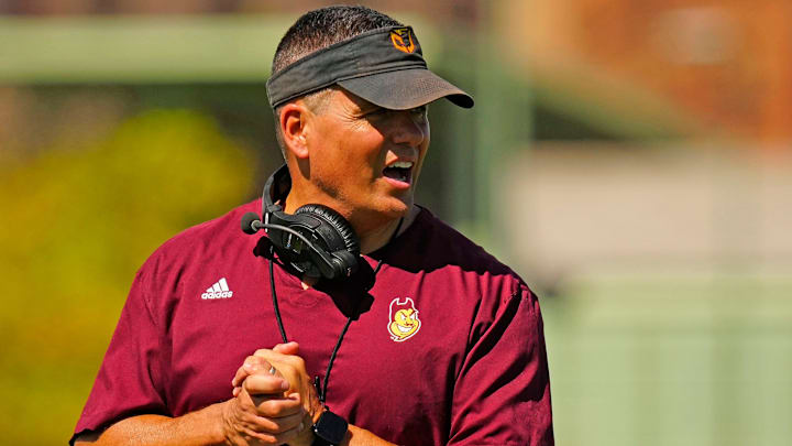 Arizona State defensive coordinator Brian Ward runs a drill for his secondary during the first day of fall practice in Tempe, Ariz. on July 30, 2025. Arizona State defensive coordinator Brian Ward runs a drill for his secondary during the first day of fall practice in Tempe, Ariz. on July 30, 2025.