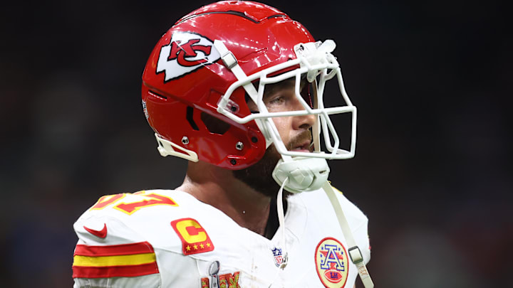 Feb 9, 2025; New Orleans, LA, USA;  Kansas City Chiefs tight end Travis Kelce (87) reacts in the fourth quarter against the Philadelphia Eagles in Super Bowl LIX at Ceasars Superdome. Mandatory Credit: Mark J. Rebilas-Imagn Images