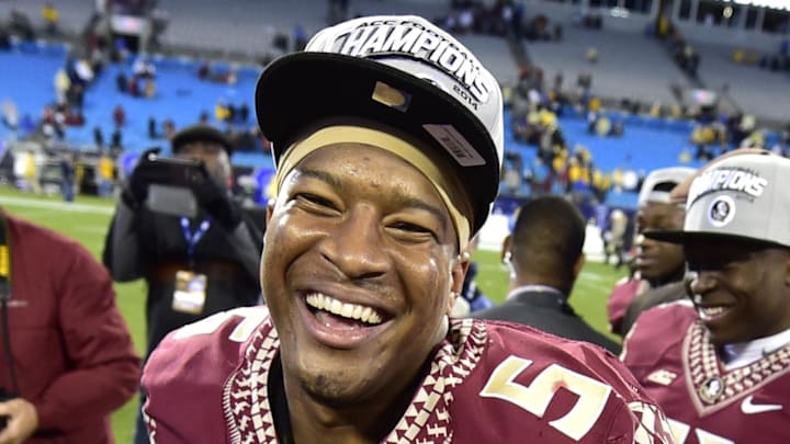 Dec 6, 2014; Charlotte, NC, USA; Florida State Seminoles quarterback Jameis Winston (5) reacts after the game. The Florida State Seminoles defeated the Georgia Tech Yellow Jackets 37-35 at Bank of America Stadium. Mandatory Credit: Bob Donnan-Imagn Images