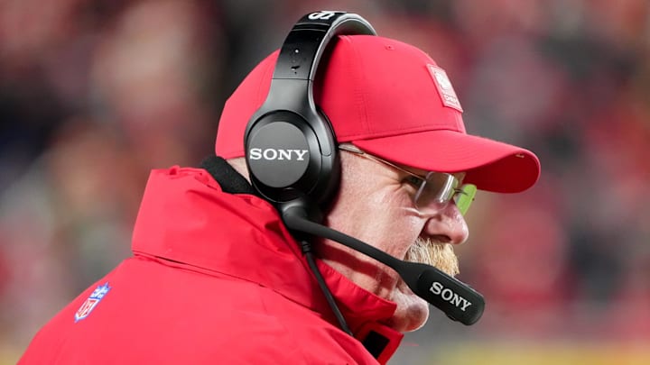 Dec 7, 2025; Kansas City, Missouri, USA; Kansas City Chiefs head coach Andy Reid looks on during the third quarter against the Houston Texans at GEHA Field at Arrowhead Stadium. Mandatory Credit: Denny Medley-Imagn Images