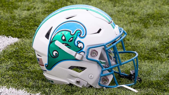 Dec 3, 2022; New Orleans, Louisiana, USA; Tulane Green Wave helmet on the field against the UCF Knights during the first half  at Yulman Stadium. 
