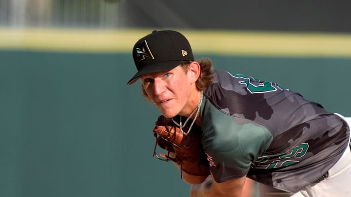 July 12, 2025; North Augusta, South Carolina, USA; GreenJacket pitcher Cam Caminiti (59) pitches during the 19th annual Military Appreciation game at SRP Park. The Augusta GreenJackets faced off against the Salem Red Sox. Salem won 9-2. Mandatory Credit: Katie Goodale - Augusta Chronicle/USA TODAY NETWORK