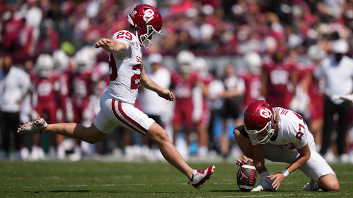 Oklahoma kicker Tate Sandell kicks a field goal against Temple.