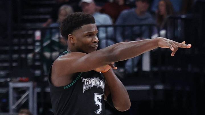 Nov 10, 2025; Salt Lake City, Utah, USA; Minnesota Timberwolves guard Anthony Edwards (5) reacts to a three-point shot against the Utah Jazz during the second half at Delta Center. Mandatory Credit: Rob Gray-Imagn Images