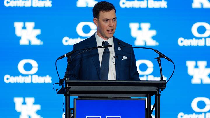Dec 3, 2025; Lexington, KY, USA; Kentucky Wildcats head football coach Will Stein speaks during his introductory press conference at Nutter Field House. Mandatory Credit: Jordan Prather-Imagn Images Dec 3, 2025; Lexington, KY, USA; Kentucky Wildcats head football coach Will Stein speaks during his introductory press conference at Nutter Field House. Mandatory Credit: Jordan Prather-Imagn Images
