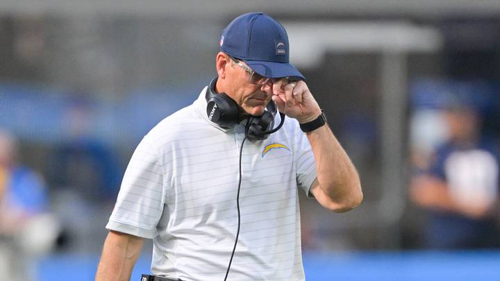 Oct 19, 2025; Inglewood, California, USA; Los Angeles Chargers head coach Jim Harbaugh reacts in the second half against the Indianapolis Colts at SoFi Stadium. Mandatory Credit: Jayne Kamin-Oncea-Imagn Images