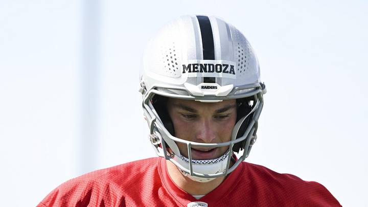 Jun 3, 2026; Henderson, NV, USA; Las Vegas Raiders quarterback Fernando Mendoza (15) warms up during organized team activities at Intermountain Health Performance Center. Mandatory Credit: Candice Ward-Imagn Images