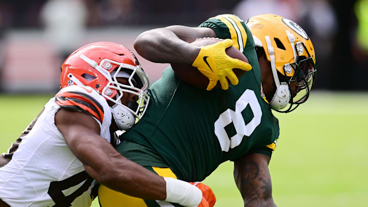 Cleveland Browns linebacker Mohamoud Diabate tackles Green Bay Packers running back Josh Jacobs during last year's preseason.