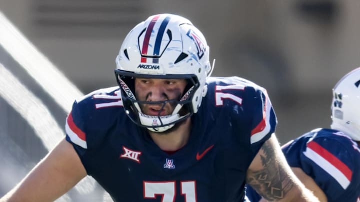 Nov 8, 2025; Tucson, Arizona, USA; Arizona Wildcats offensive lineman Tristan Bounds (71) against the Kansas Jayhawks at Arizona Stadium. Mandatory Credit: Mark J. Rebilas-Imagn Images