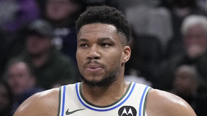 Milwaukee Bucks forward Giannis Antetokounmpo (34) watches the end of the second quarter from the bench against the Boston Celtics at Fiserv Forum on March 2, 2026.