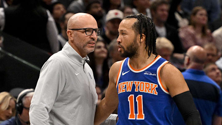 Nov 27, 2024; Dallas, Texas, USA; Dallas Mavericks head coach Jason Kidd and New York Knicks guard Jalen Brunson (11) during the game between the Dallas Mavericks and the New York Knicks at the American Airlines Center. Mandatory Credit: Jerome Miron-Imagn Images Nov 27, 2024; Dallas, Texas, USA; Dallas Mavericks head coach Jason Kidd and New York Knicks guard Jalen Brunson (11) during the game between the Dallas Mavericks and the New York Knicks at the American Airlines Center. Mandatory Credit: Jerome Miron-Imagn Images