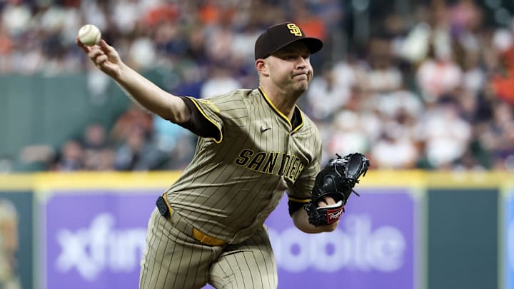 Michael King of San Diego Padres throws pitch from right hand against Houston Astros