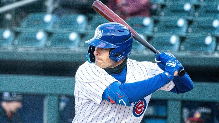 Iowa Cubs' Matt Mervis bats during a game against the Toledo Mud Hens at Principal Park on Tuesday, April 2, 2024, in Des Moines. Iowa Cubs' Matt Mervis bats during a game against the Toledo Mud Hens at Principal Park on Tuesday, April 2, 2024, in Des Moines.