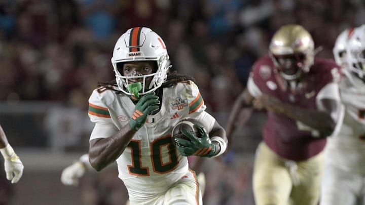 Oct 4, 2025; Tallahassee, Florida, USA; Miami Hurricanes wide receiver Malachi Toney (10) runs against Florida State Seminoles defensive back Jerry Wilson (19) during the second half at Doak S. Campbell Stadium. Mandatory Credit: Melina Myers-Imagn Images Oct 4, 2025; Tallahassee, Florida, USA; Miami Hurricanes wide receiver Malachi Toney (10) runs against Florida State Seminoles defensive back Jerry Wilson (19) during the second half at Doak S. Campbell Stadium. Mandatory Credit: Melina Myers-Imagn Images