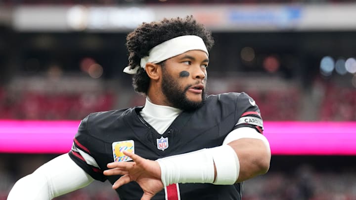 Oct 5, 2025; Glendale, Arizona, USA; Arizona Cardinals quarterback Kyler Murray (1) warms up before their game against the Tennessee Titans at State Farm Stadium. Mandatory Credit: Joe Camporeale-Imagn Images