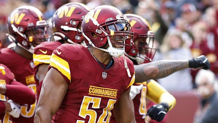 Nov 24, 2024; Landover, Maryland, USA; Washington Commanders linebacker Bobby Wagner (54) celebrates with teammates after recovering a fumble against the Dallas Cowboys during the first half at Northwest Stadium. Mandatory Credit: Geoff Burke-Imagn Images