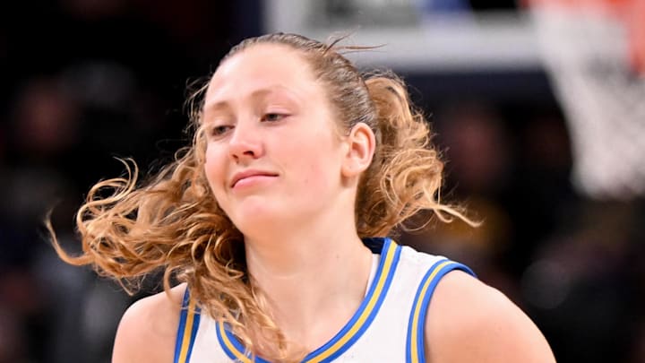 Mar 8, 2026; Indianapolis, IN, USA; UCLA Bruins guard Gianna Kneepkens (8) reacts after a play against the Iowa Hawkeyes during the first half at Gainbridge Fieldhouse. Mandatory Credit: Robert Goddin-Imagn Images