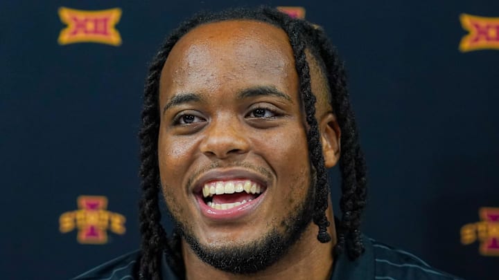 Jul 8, 2025; Frisco, TX, USA; Iowa State defensive lineman Domonique Orange answers questions from the media during 2025 Big 12 Football Media Days at The Star. Mandatory Credit: Raymond Carlin III-Imagn Images