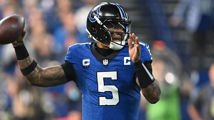 Nov 24, 2024; Indianapolis, Indiana, USA; Indianapolis Colts quarterback Anthony Richardson (5) throws a pass during the first quarter against the Detroit Lions at Lucas Oil Stadium. Mandatory Credit: Marc Lebryk-Imagn Images