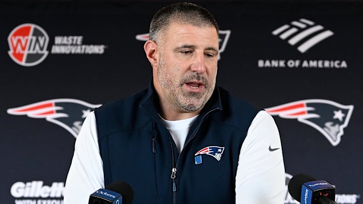 Mar 13, 2025; Foxborough, MA, USA; New England Patriots head coach Mike Vrabel discusses the teamís recent free agent additions with the media at Gillette Stadium. Mandatory Credit: Eric Canha-Imagn Images