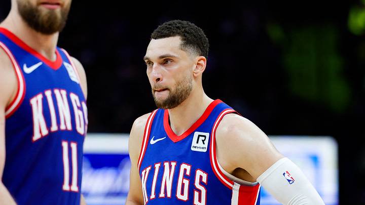 Feb 21, 2025; Sacramento, California, USA; Sacramento Kings guard Zach LaVine (8) and forward Domantas Sabonis (11) look on during the fourth quarter against the Golden State Warriors at Golden 1 Center. Mandatory Credit: Sergio Estrada-Imagn Images Feb 21, 2025; Sacramento, California, USA; Sacramento Kings guard Zach LaVine (8) and forward Domantas Sabonis (11) look on during the fourth quarter against the Golden State Warriors at Golden 1 Center. Mandatory Credit: Sergio Estrada-Imagn Images