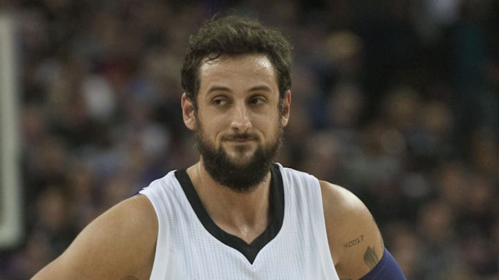 Dec 27, 2015; Sacramento, CA, USA; Sacramento Kings guard Marco Belinelli (3) looks on during the fourth quarter of the game against the Portland Trail Blazers at Sleep Train Arena. The Portland Trail Blazers defeated the Sacramento Kings 98-94. Mandatory Credit: Ed Szczepanski-Imagn Images