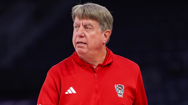 Mar 6, 2026; Duluth, GA, USA; North Carolina State Wolfpack head coach Wes Moore on the sideline against the Notre Dame Fighting Irish in the second quarter at Gas South Arena. Mandatory Credit: Brett Davis-Imagn Images