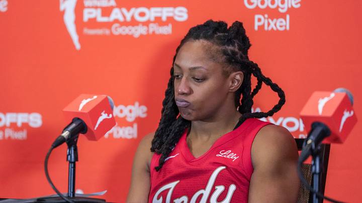 Indiana Fever guard Kelsey Mitchell (0) sits in the press conference Thursday, October 1, 2026. Indiana Fever guard Kelsey Mitchell (0) sits in the press conference Thursday, October 1, 2026.