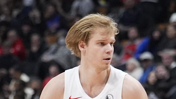 Toronto Raptors guard Gradey Dick controls the ball against the Detroit Pistons.