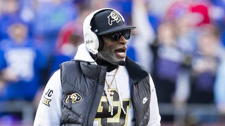 Nov 23, 2024; Kansas City, Missouri, USA;  Colorado head coach Deion Sanders paces the field during the 2nd quarter between the Kansas Jayhawks and the Colorado Buffaloes at GEHA Field at Arrowhead Stadium. Mandatory Credit: Nick Tre. Smith-Imagn Images