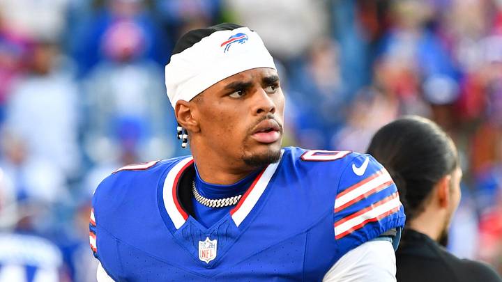 Nov 2, 2025; Orchard Park, New York, USA; Buffalo Bills wide receiver Keon Coleman (0) warms up before the game against the Kansas City Chiefs at Highmark Stadium. Mandatory Credit: Mark Konezny-Imagn Images