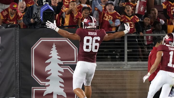 Sep 13, 2025; Stanford, California, USA; Stanford Cardinal tight end Sam Roush (86) reacts after scoring a touchdown against the Boston College Eagles during the second quarter at Stanford Stadium. Mandatory Credit: Darren Yamashita-Imagn Images
