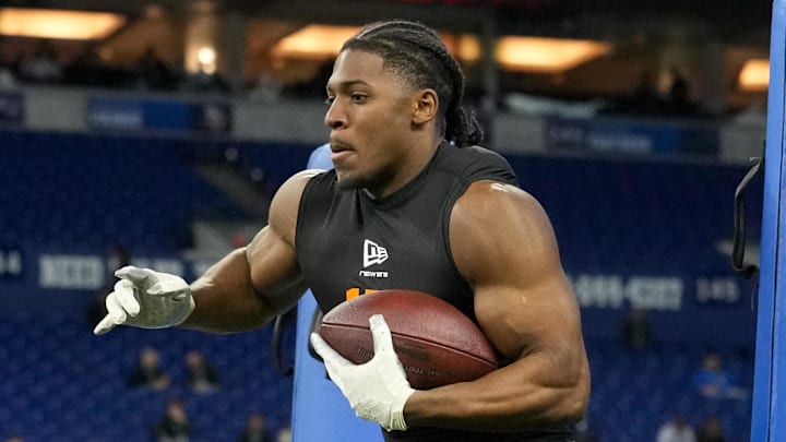 Feb 28, 2026; Indianapolis, IN, USA; Notre Dame running back Jadarian Price (RB15) during the NFL Scouting Combine at Lucas Oil Stadium.