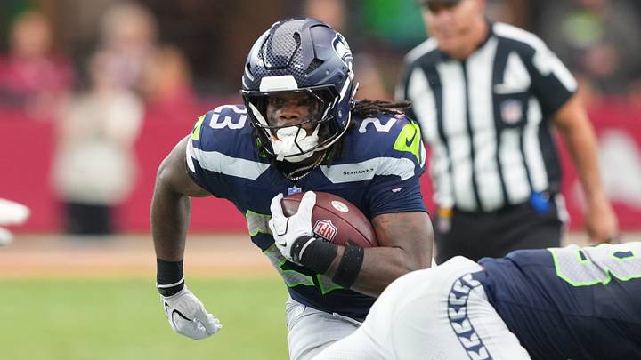 Sep 20, 2026; Glendale, Arizona, USA; Seattle Seahawks running back Emanuel Wilson (23) runs with the ball in the fourth quarter against the Arizona Cardinals at State Farm Stadium. Sep 20, 2026; Glendale, Arizona, USA; Seattle Seahawks running back Emanuel Wilson (23) runs with the ball in the fourth quarter against the Arizona Cardinals at State Farm Stadium.
