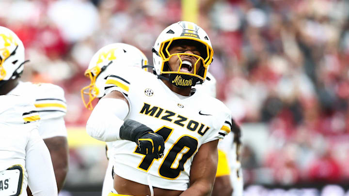 Nov 22, 2025; Norman, Oklahoma, USA;  Missouri Tigers linebacker Josiah Trotter (40) reacts during the first quarter against the Oklahoma Sooners at Gaylord Family-Oklahoma Memorial Stadium. Mandatory Credit: Kevin Jairaj-Imagn Images