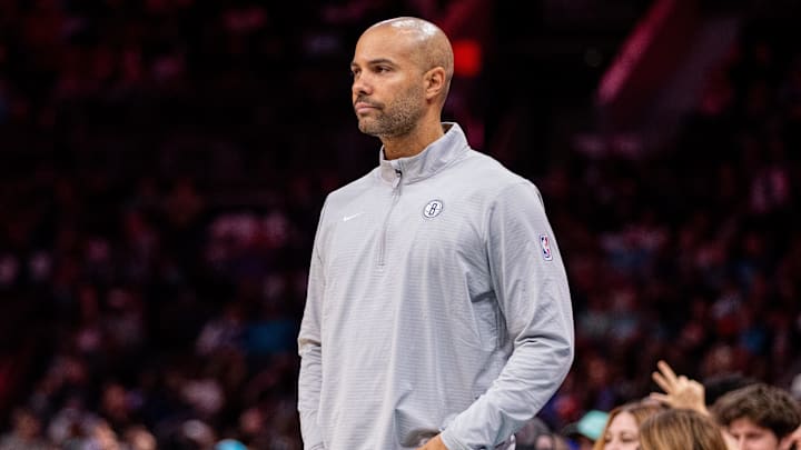 Mar 8, 2025; Charlotte, North Carolina, USA; Brooklyn Nets head coach Jordi Fernandez looks on during the third quarter against the Charlotte Hornets at Spectrum Center. Mandatory Credit: Scott Kinser-Imagn Images