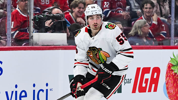 Apr 14, 2025; Montreal, Quebec, CAN; Chicago Blackhawks defenseman Artyom Levshunov (55) plays the puck in the second period at Bell Centre. Mandatory Credit: David Kirouac-Imagn Images