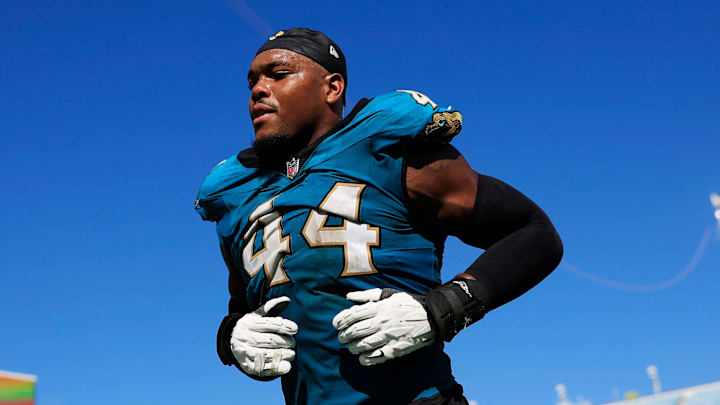 Jacksonville Jaguars defensive end Travon Walker (44) runs off the field after the game of an NFL football matchup at EverBank Stadium, Sunday, Sept. 21, 2025, in Jacksonville, Fla. The Jaguars defeated the Texans 17-10.