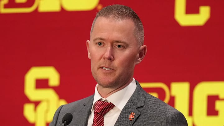 Jul 24, 2025; Las Vegas, NV, USA; USC head coach Lincoln Riley speaks to the media during the Big Ten NCAA college football media days at Mandalay Bay Resort. Mandatory Credit: Lucas Peltier-Imagn Images
