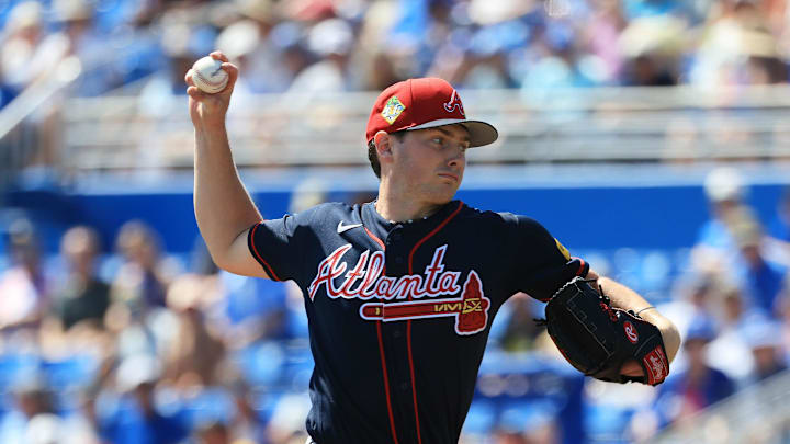 Mar 10, 2026; Dunedin, Florida, USA; Atlanta Braves starting pitcher JR Ritchie (92) throws a pitch during the first inning against the Toronto Blue Jays  at TD Ballpark. Mandatory Credit: Kim Klement Neitzel-Imagn Images