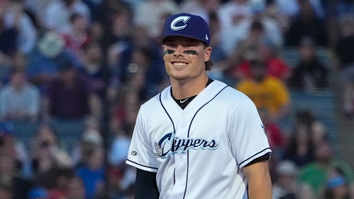 Columbus Clippers Travis Bazzana (12) reacts during the home opener against the Indianapolis Indians at Huntington Park on Tuesday, March 31, 2026 in Columbus, Ohio.