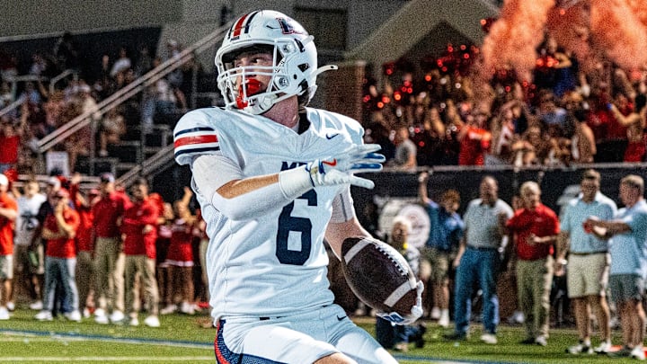Madison-Ridgeland Academy wide receiver Jack Poole (6) runs for a touchdown during a high school football game between Jackson Academy and Madison-Ridgeland Academy at the Brickyard in Jackson, Miss., on Friday, Sept. 26, 2025. Madison-Ridgeland Academy defeated Jackson Academy 35-24.