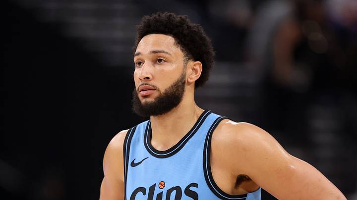 Apr 5, 2025; Inglewood, California, USA;  Los Angeles Clippers guard Ben Simmons (25) looks on during the first half against the Dallas Mavericks at Intuit Dome. Mandatory Credit: Kiyoshi Mio-Imagn Images