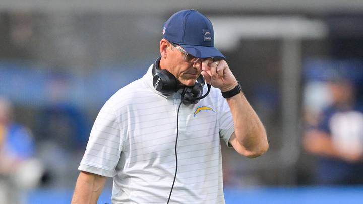 Oct 19, 2025; Inglewood, California, USA; Los Angeles Chargers head coach Jim Harbaugh reacts in the second half against the Indianapolis Colts at SoFi Stadium. Mandatory Credit: Jayne Kamin-Oncea-Imagn Images