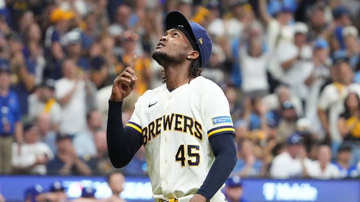 Oct 12, 2026; Milwaukee, Wisconsin, USA; Milwaukee Brewers pitcher Abner Uribe (45) reacts while walking to the dugout after a pitching change against the Los Angeles Dodgers during the eighth inning in game two of the NLCS for the 2026 MLB Playoffs at American Family Field. Mandatory Credit: Michael McLoone-Imagn Images Oct 12, 2026; Milwaukee, Wisconsin, USA; Milwaukee Brewers pitcher Abner Uribe (45) reacts while walking to the dugout after a pitching change against the Los Angeles Dodgers during the eighth inning in game two of the NLCS for the 2026 MLB Playoffs at American Family Field. Mandatory Credit: Michael McLoone-Imagn Images