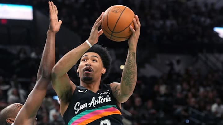 Apr 10, 2026; San Antonio, Texas, USA; San Antonio Spurs guard Dylan Harper (2) drives to the basket against the Dallas Mavericks at Frost Bank Center. Mandatory Credit: Scott Wachter-Imagn Images